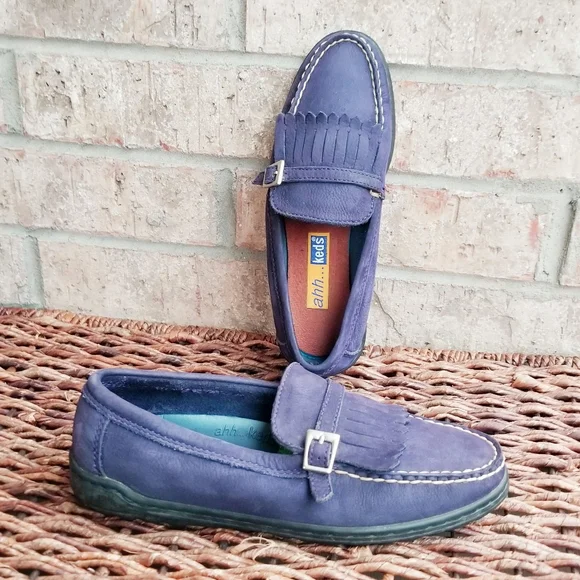 Ahh Keds Indigo Leather Suede Kiltie Loafers (womens